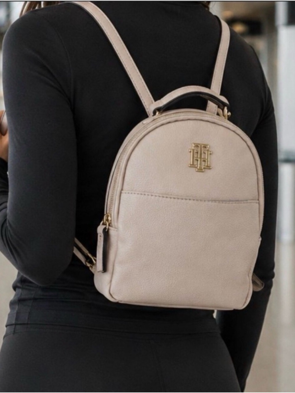 Tommy Hilfiger Light Beige Mini Backpack with Gold Logo